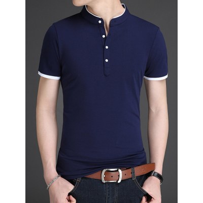Plain Stand Collar Casual Polo Shirt - Black M