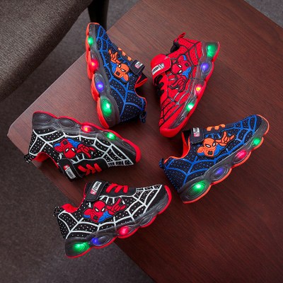 Kids fashion spiderman flyknit breathable LED sneaker