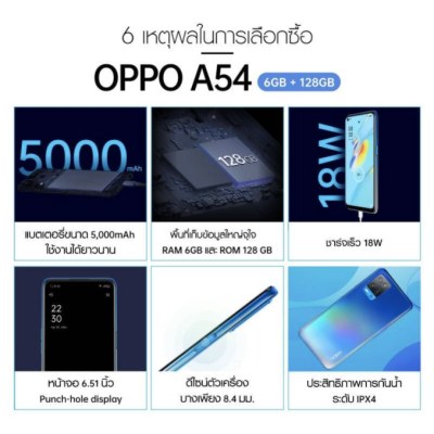 OPPO A54 (6+128) โทรศัพท์มือถือ จอกว้าง 6.5 นิ้ว แบตเตอรี่ 5000 mAh