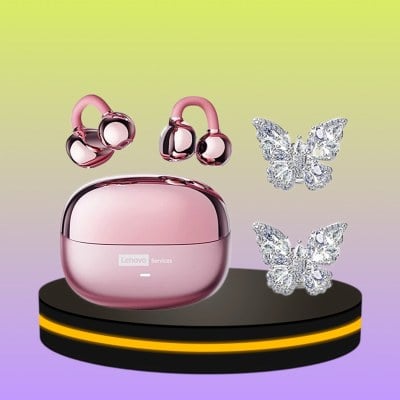 Lenovo หูฟังบลูทูธ แบบหนีบหู พร้อมต่างหูลายผีเสื้อ