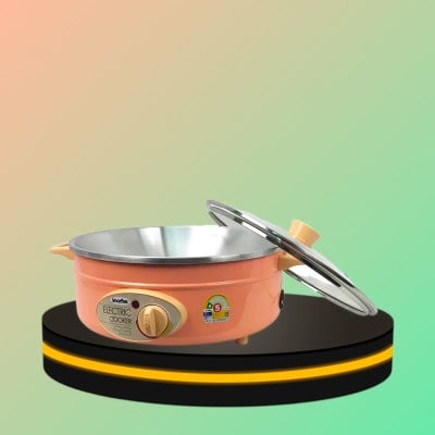 กระทะไฟฟ้าอลูมิเนียม ฝาแก้ว ขนาด 3 ลิตร สีส้มพาสเทล